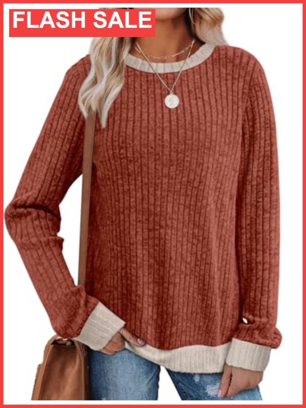 Womens Long Sleeve Color Block Trim Tunic Sweater Lightweight Loose Fit Pullover